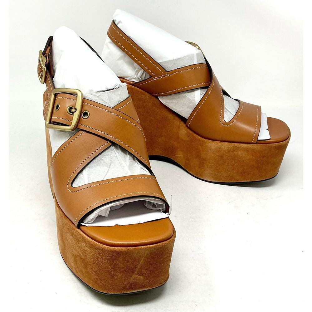 Coach Archival Buckle Platform Sandals Tan Cognac Suede Wedge Size 10 NIB - Picture 8 of 15